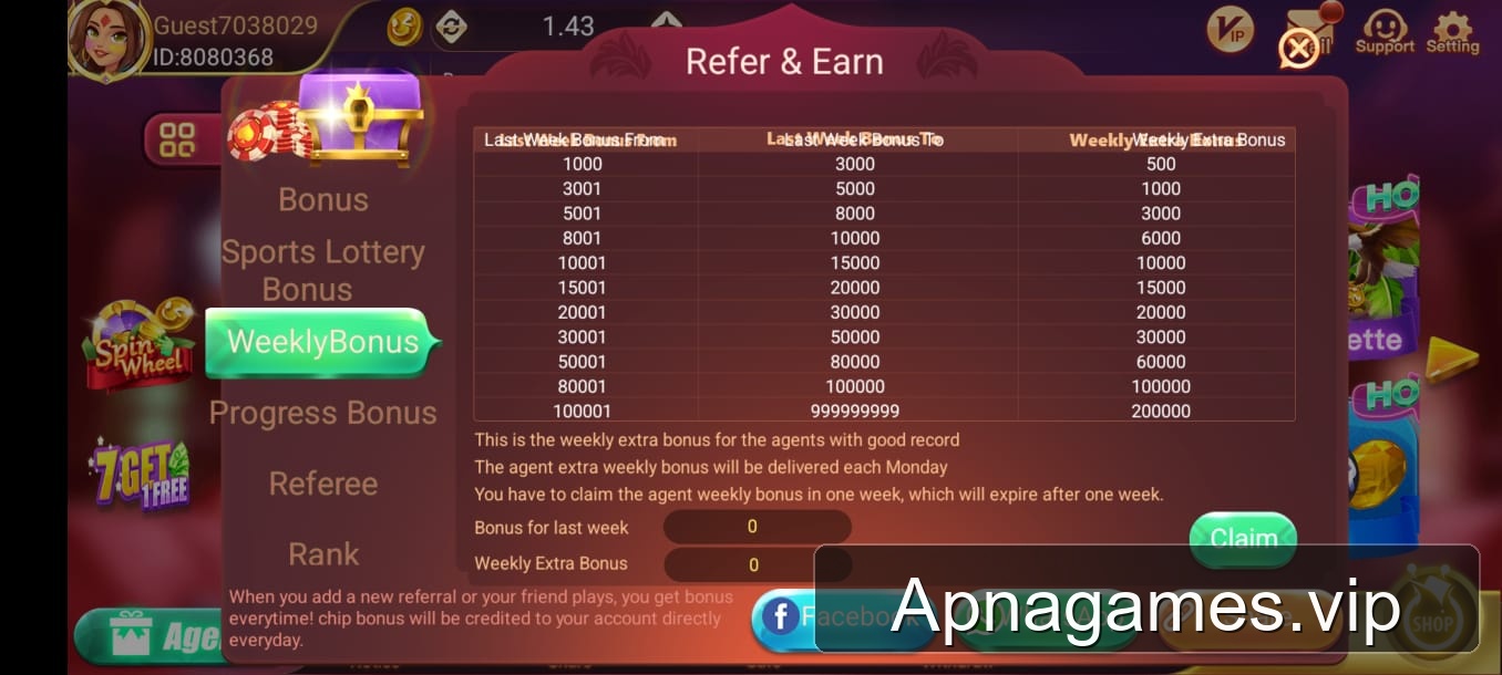 3Patti No1 weekly extra agent bonus reward chart delivered every Monday